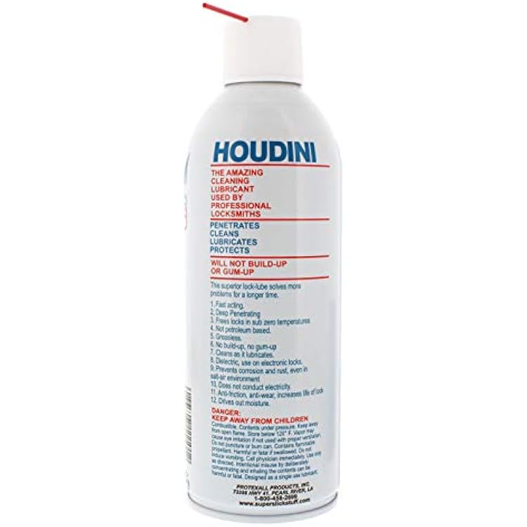 Houdini Lock Lube Professional Lock Lubricant Spray, 11 oz - Greaseless, Graphite-Free, Dielectric Cleaner & Protectant for Door Locks, Hinges, Latches & Electronics - Anti-Rust Formula