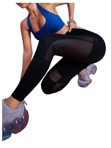 SweatyRocks Women's Mesh Leggings High Waisted Tummy Control Patchwork Slim Fit Yoga Pants Capris3