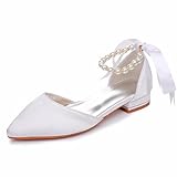 Pearls Lover Women's Pearl Satin Wedding Shoes Pointed Toe Comfortable Bridal Flats Formal Prom Party Dress Pumps Ankle Strap Sandals H02SBDL-Whiat-39
