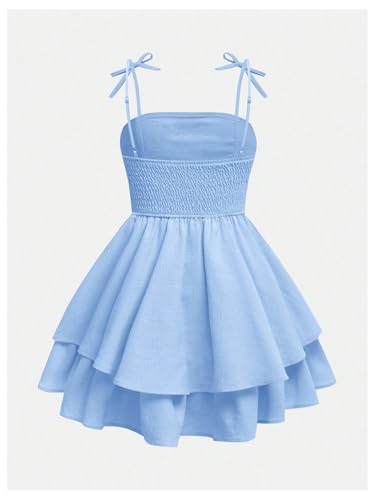 Image of SHENHE Girl's Smocked Ruched A Line Swing Dress Layered Tie Shoulder Flowy Cami Short Dress