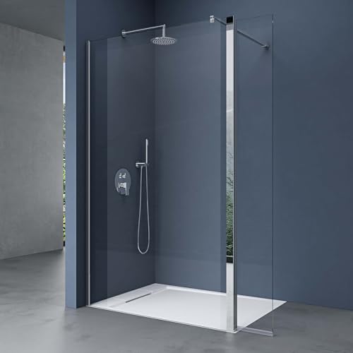 doporro Duschwand 140x200cm Walk-In mit 30cm Nebenteil, 10mm Duschabtrennung Bremen mit rechteckigem Stabilisator, aus Echtglas ESG-Sicherheitsglas Klarglas inkl. Nanobeschichtung