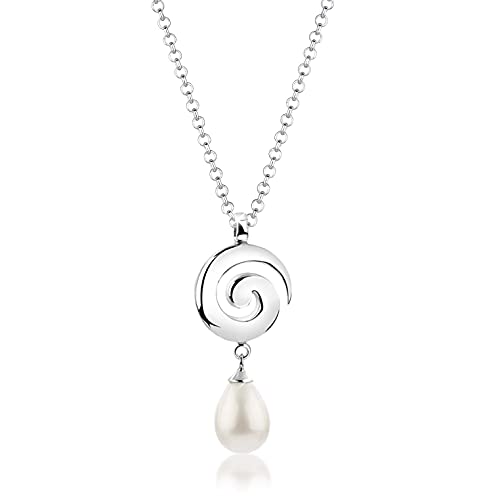 Nenalina Damen Halskette und Spiral Anhänger mit Muschelperle weiß in Tropfenform, Kette für Frauen mit Schmuck Perlanhänger, 80 cm Lange Damenkette 925 Sterling Silber, Brautschmuck, KAS-186 thumbnail