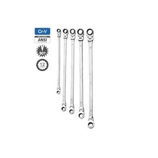 MOUNTAIN RM6, 5 Piece Metric Double Box Universal Spline Reversible Ratcheting Wrench Set, Extra Long Chrome Vanadium Steel, 90 Tooth, 4 Degree Swing Arc, Flexible Design for Hard to Reach Fasteners