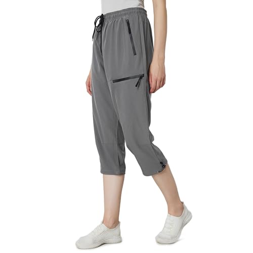 Women's Hiking Capris Quick Dry Lightweight Elastic Waist Black Cargo Capri with 4 Pockets UPF 50+ for Outdoor, Golf (Size XL)