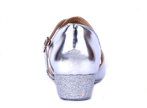 Missfiona Girls Soft-Soled Glittering Latin Ballroom Dance Shoes Kids Low Heels(3.5, Silver) #TOP3