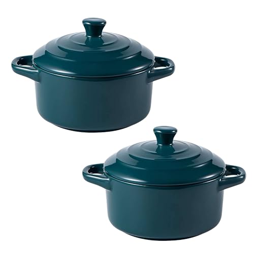 Set of 2 Mini Ceramic Casserole Pots with Lids, Oven-Safe Small Soup Pots, Perfect for Soups, Stews, and Side Dishes(Green)