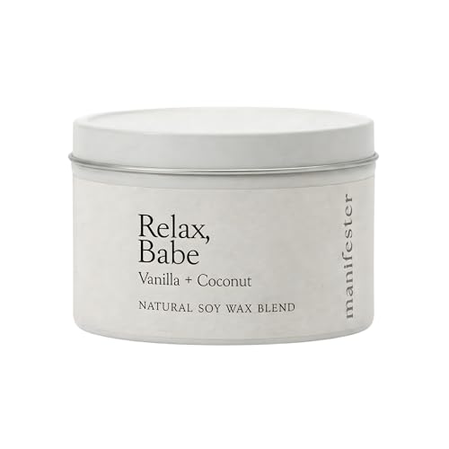 Natural Soy Wax Candle with Mantra Clean Burn 100% Cotton Wick (No Lead or Zinc) Phthalate-Free & Paraben-Free Long-Lasting Gift for Women 6 oz (Relax Babe Vanilla + Coconut)