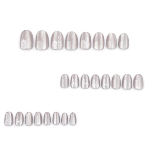 Image of Kriga 24 Reusable Artificial Fake Nail Set| Silver With White Bow Design Glossy Nails| Lightweight & Long Lasting| Quick Fix For Festivals & Special Occasions