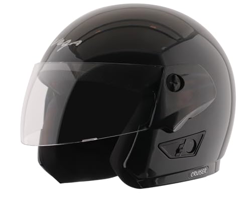 Image of Vega Cruiser Open Face Riding Helmet with Glossy Finish, ISI Certified, Clear Visor, Lightweight Build, Comfortable Interior, Shock Absorbing Liner, and Trendy Black Styling Black-M