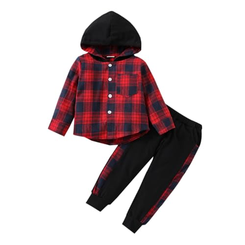 Image of FOCUTEBB Toddler Baby Boys Clothes Plaid Shirt Tops Hoodied Long Sleeve Sweatsuit Pants Fall Winter Outfits 12M-6T