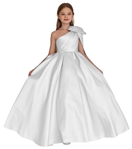 Satin One Shoulder Flower Girl Dress with Bow Wedding Princess Pageant Party Gown Puffy Formal First Communion