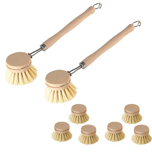 Esmula Juego de 2 cepillos para lavavajillas de Madera + 6 Cabezales de Repuesto, cepillos para lavavajillas de Madera sostenible con 6 Cabezales de Repuesto, Cepillo para Fregar, Cepillo de Cocina
