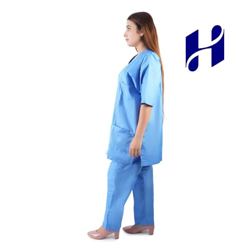 Image of Comfort Scrub Suit for Women - 5-Pocket Set with V Neck Top & Bottom, Half Sleeves, Breathable Fabric - Durable Uniform for Doctors, Nurses, and Dentists in Sky Blue (L, BLUE)