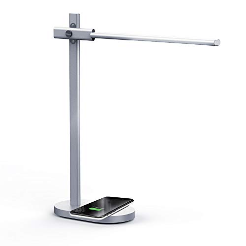 MOMAX LED Desk Lamp with 10W Wireless Charger, 270° Folding Metal Table Lamp with USB Port, 6 Brightness Levels, Detachable, Eye-Caring Office Desk Lamp for Home Office, Bedroom, Living Room (Grey)