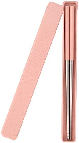 Molizummy 1Pair Portable Chopsticks with Pull Design Case, Reusable Metal Stainless Steel Chopstick with Wheat Straw Handle for School, Home, Office, Outdoor, Bento Box Use, Dishwasher Safe (Pink)