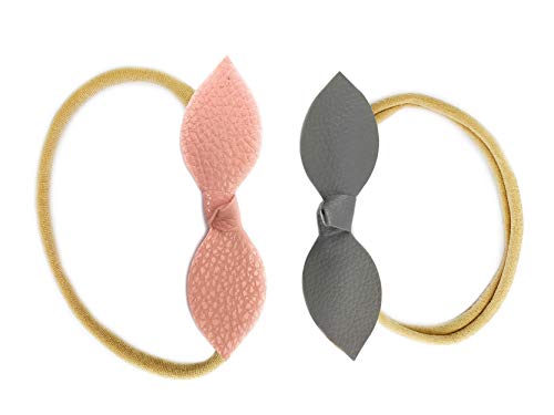 Baby Wisp 2 Infant Headbands Faux Leather Knot Bows Baby Girl Elastic Nylon Headbands (Grey and Light Pink)