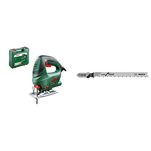 Bosch Home and Garden Stichsäge PST 650 (500 Watt, Schnitttiefe in Stahl/Holz 4mm/65mm, im Koffer) + Bosch T101B Stichsägeblätter Holz 5 Stück