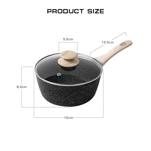Rainberg Saucepan with Lid, Nonstick Milk Pan Suitable with Induction, Gas and Electric Hobs, Cooking Pot with Pour Spout. (Black, 16cm) - 2