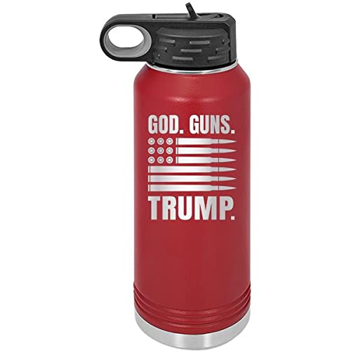 God Guns and Trump - Funny Engraved 32 oz Water Bottle with Built in Straw Unique Birthday for Women Men Republican Trump Conservative Patriot Political Anti Biden - Crimson