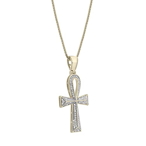 Timeless Love 1/4 CTTW Diamond Ankh Cross Charm Pendant Set in Yellow Gold over Sterling Silver or Sterling Silver, Necklace with 22" Box Chain with Lobster Lock Clasp, Religious Jewelry Gifts for Men2
