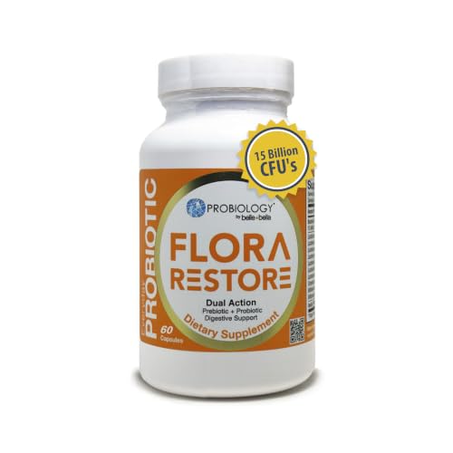belle+bella Flora Restore Daily Probiotic - 15 Billion Live Cultures - Probiotics & Prebiotics for Digestive & Gut Health - Immune Support - Promotes Regularity - Vegan & Gluten Free - 60 Caps