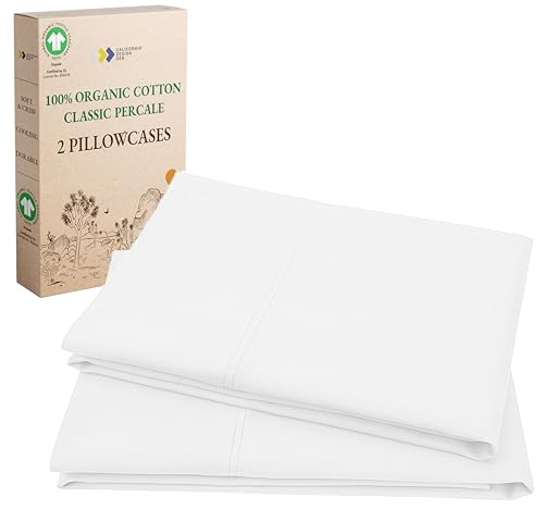 California Design Den 100% Organic Cotton Pillow Cases Queen/Standard Set of 2, Soft & Cooling Percale Weave Cotton Pillowcases (Bright White)
