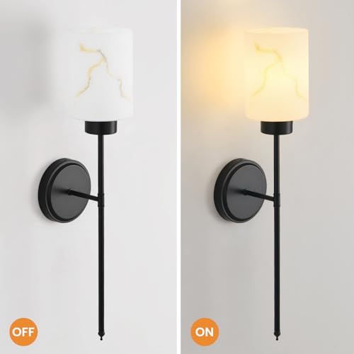 Image of Black Wall Sconces Set of 2 with Marble Glass Shade, Modern Bathroom Vanity Light Fixtures for Bedroom, Hallway, Entryway, Living Room