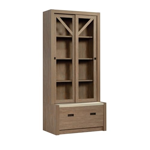 Sauder Dixon 4-Shelf Bookcase with Sliding Doors and Filing Drawer, Brushed Oak/Pebble White