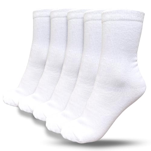 bisoo Calcetines Blancos Niño, Niña - SET de 5 Pares Calcetines Deporte Altos de Algodon Certificado Oeko-Tex - Colegio, Uniforme Escolar - Talla 32-35 (Blanco)