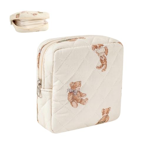 Image of MAYCREATE Sanitary Pads Storage Small Pouches for Women, Cotton Quilted Small Makeup Pouch, Cartoon Bear Zipper Storage Bag for Menstrual Supplies, Makeups, 14x14cm