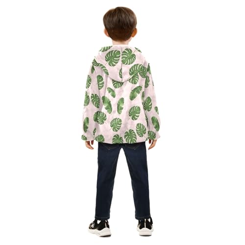CHIFIGNO Tropical Green Leaves Pink Boy Hooded Jacket, Thick Lightweight Sweatshirt Jacket 3T4