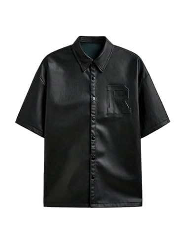 SHENHE Men's PU Leather Button Down Short Sleeve Shirt Collared Dressy Fashion Top Streetwear