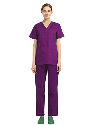 AIEOE Algodón Uniformes de Escote V Hombre Mujer Conjunto de Trabajo con Bolsillos Casaca de Mangas Cortas y Pantalones Laboral de Enfermería