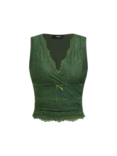Image of CIDER Lace Crop Tank Tops for Women Going Out V Neck Sleeveless Ruched Tops Trendy Y2K Summer Outfits