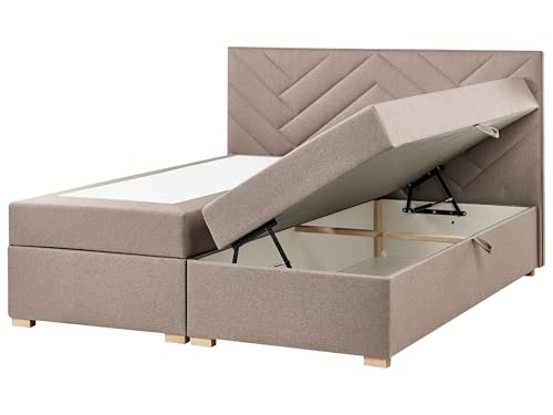 Beliani Cama Continental diván con almacenaje con arcón elevable tapizado cabecero de Tela Gris Pardo 160 x 200 cm Esquire