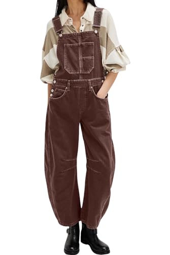 loveimgs Women Y2k Baggy Barrel Jeans Overalls Wide Leg Denim Pants Bib Overalls Jumpsuit Boyfriend Patchwork Jeans (Large Chocolate)
