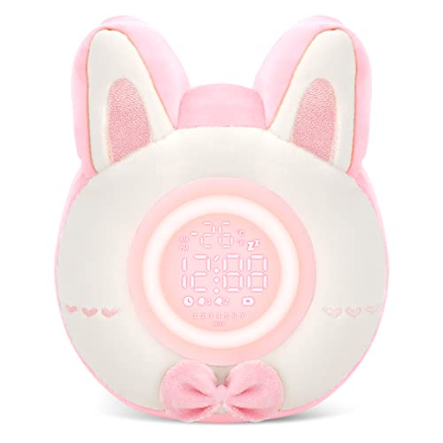 QANYI Bunny Plush Alarm Clock Night Light, Cute Stuffed Animals with LED Display Clock Adjustable Light, Toys for 5-12 Year Old Girls, Kawaii Birthday Gifts for Kids Teens Girls Women