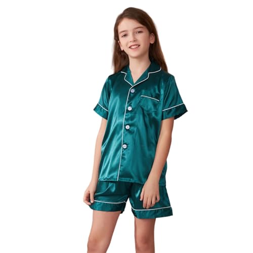 Kids Short Sleeve Satin 𝐏a𝐣ama Set for Girls Button Down 𝐒ilk 𝐏ajamas and Shorts 𝗦nug Fit Loung𝐞wear Summer 𝐏𝗝s
