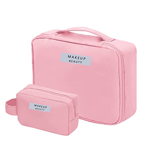 ABCDEF QUTHZZHY 2PCS Makeup Bags Cosmetic Bags Small Large for Women Cosmetic Travel Makeup Bag Large Travel Toiletry Bag for Girls Make Up Bag Brush Bags Reusable Toiletry Bag, Pink, Large and small