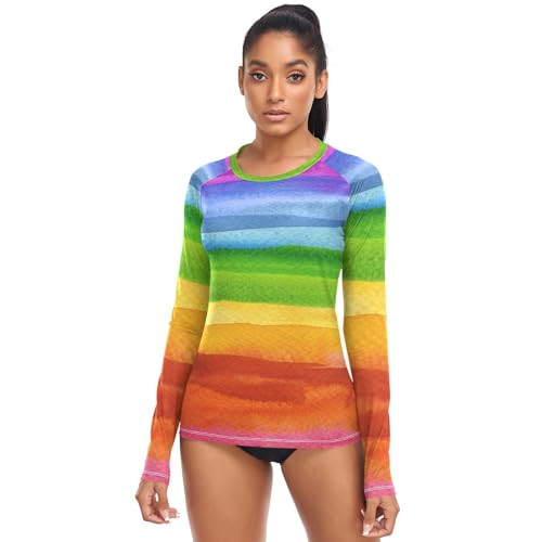 Aflyko Women Rash Guard Shirts Rainbow Watercolor UV Sun Protection UPF 50+ XS-XL