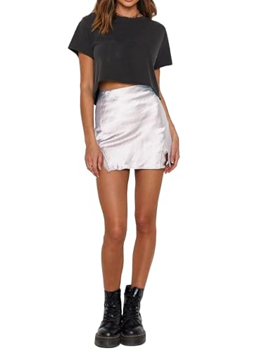 Mist Azur Women's Satin Silky Lace Trim Split A-Line Short Skirt Slit Hem High Waist Mini Solid Slit Skirts for Women 78034