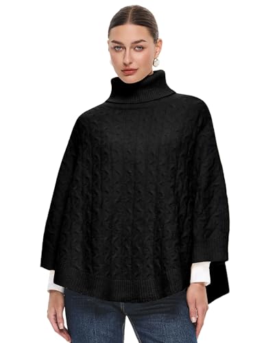 PULI Women Luxury Turtleneck Sweater Poncho Fashion Thick Cable Knit Cape Wrap Pullover Chunky Warm Shawl for Fall Winter