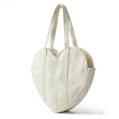 CosInStyle Cute Heart Shaped Canvas Tote Bag for Women Daily Reusable Shoulder Grocery Book Bags with Pocket & Buckle (Beige)