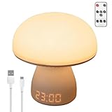 【Tout en un: lampe et horloge avec minuterie】 Cette lampe de chevet champignon combine une veilleuse LED chaude avec une horloge numérique claire (format 12/24h) et une fonction minuterie (15/30/60 min). L'interrupteur tactile permet de gradation et de basculer facilement entre 3 couleurs de lumière. Parfaite pour la chambre à coucher comme horloge pratique et éclairage d'ambiance.