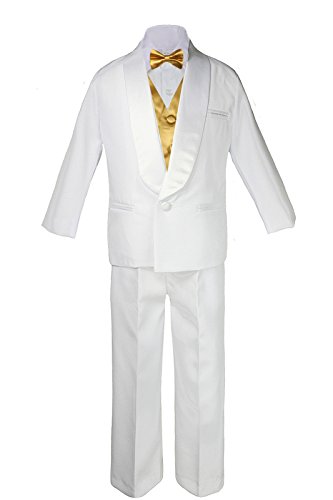 Unotux 5-7pc Kid White Satin Shawl Lapel Suits Tuxedo Gold Bow Necktie Vest Sm-20 (L (12-18 Months), (7pc) Suit Set Add Vest & Bow Tie)