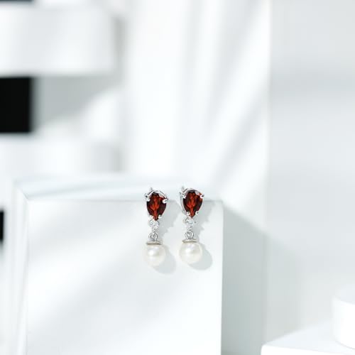 Certified Pearl Garnet Bridal Earrings, AAA Quality, Real Pearl Drop Earrings in Silver - Gift For Women4