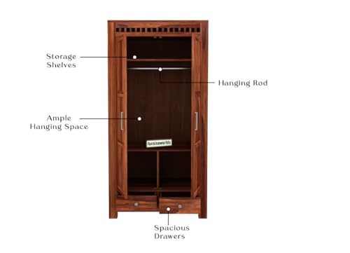 Image of Sheesham Wood Wardrobe with 2 Drawer and 4 Shelves Storage for Bedroom Wooden Almirah for Clothes for Living Room Bedroom Home, Solid Wood Furniture (Honey Finish)