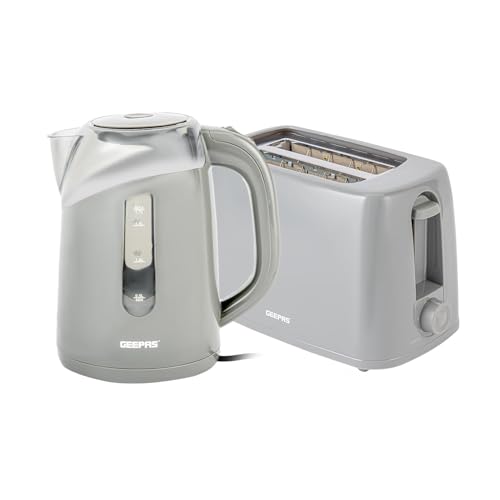 Geepas 650W 2 Slice Bread Toaster & 2200W Illuminating Electric Kettle Combo Set - 1.7L Cordless Jug Kettle for Hot Water Tea, Toaster with 6 Level Browning Control, Cancel - 2 Year Warranty, Grey