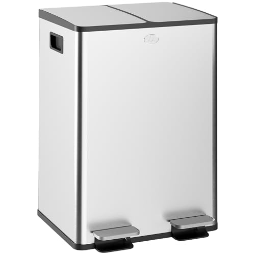 HOMCOM Dual Kitchen Bin, 2 x 28L Stainless Steel Double Rubbish Bin with Soft Close Lid, Removable Inner Buckets, Fingerprint-Proof for Recycling and Waste, Silver Tone