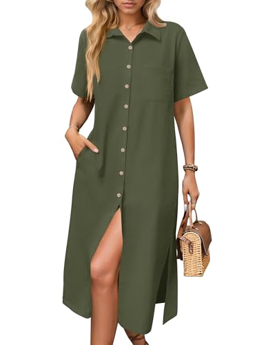 HOTOUCH Dresses for Women Summer Casual Midi Short Sleeve Button Down Shirt Linen Dress Beach Cover Up with Pocket Army Green